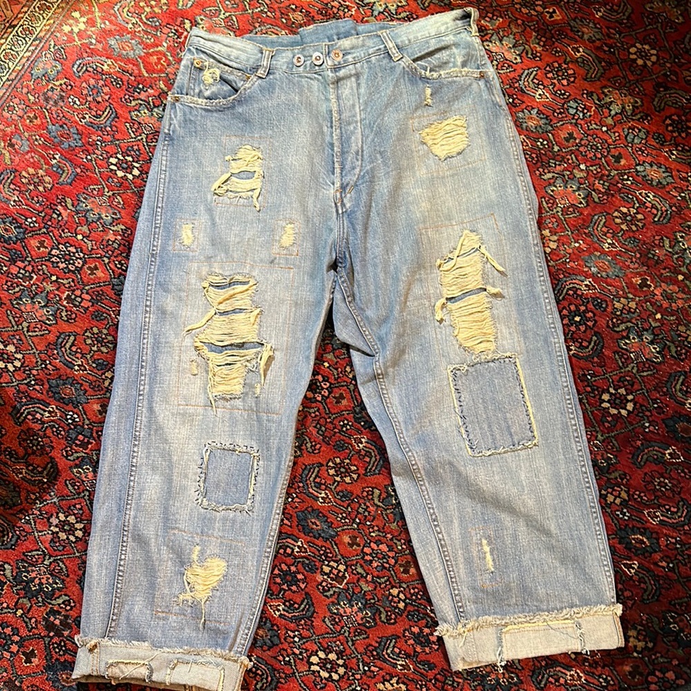 Magnolia Pearl Distressed Light Blue Patchwork Jeans